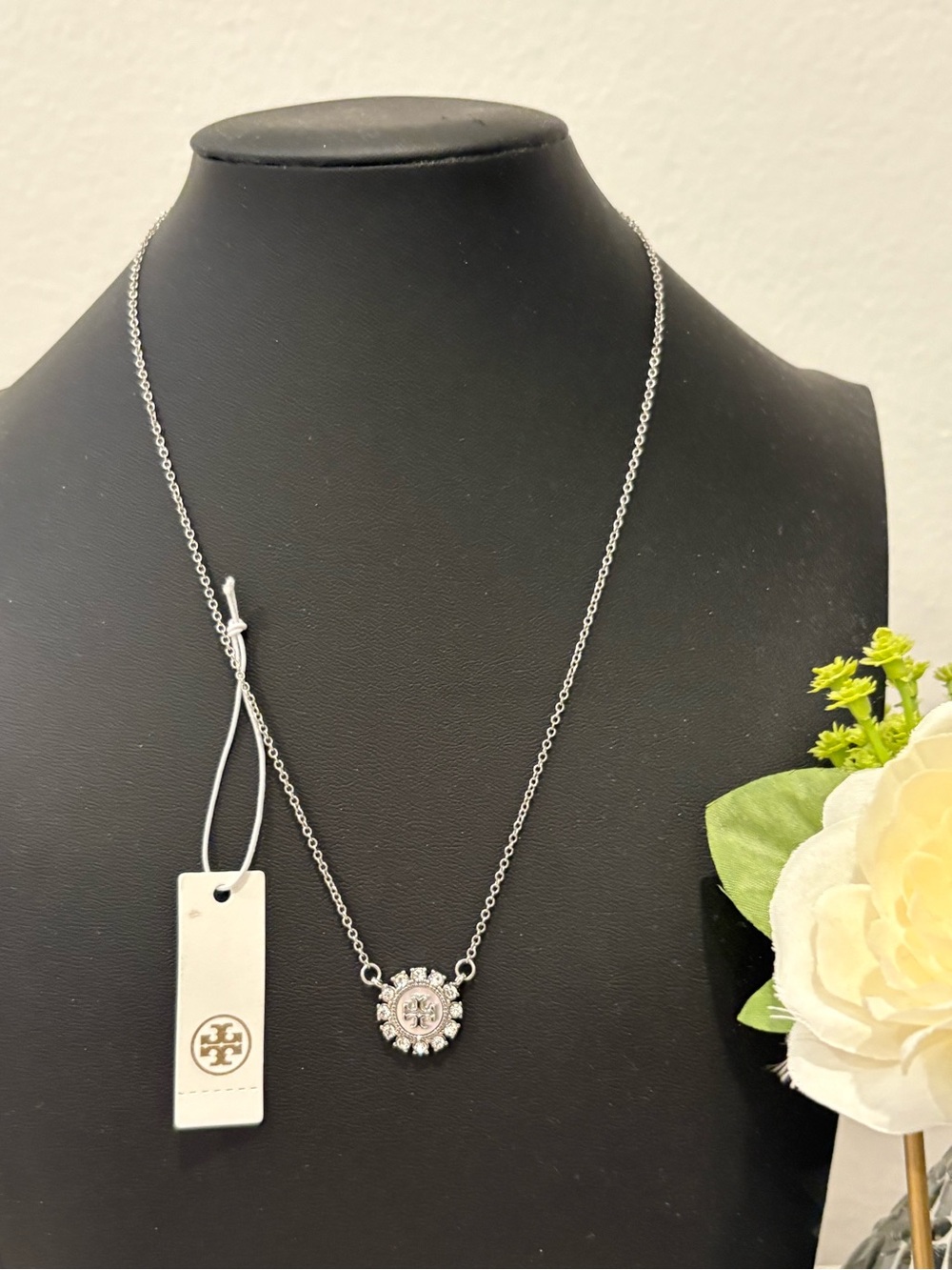 Tory Burch Silver tone & Crystal Pendant Logo Necklace